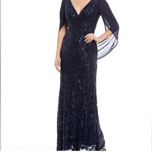 R&M Richards Beaded Lace Gown Sheer Wrap Around Sleeves SZ 14 Navy blue